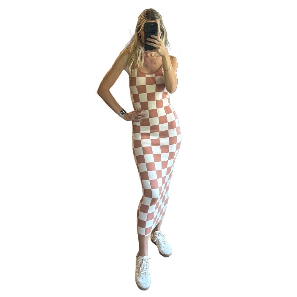Brown and white checkerboard, maxi, spaghetti strap, sweater dress
